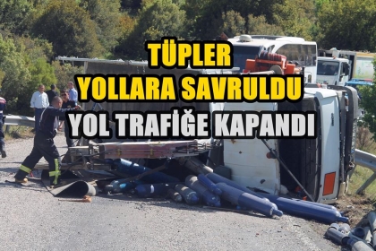 OKSİJEN TÜPÜ YÜKLÜ KAMYON DEVRİLDİ, 1 YARALI