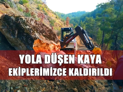 YOLA DÜŞEN DEV KAYA, BELEDİYE EKİPLERİNCE KALDIRILDI.